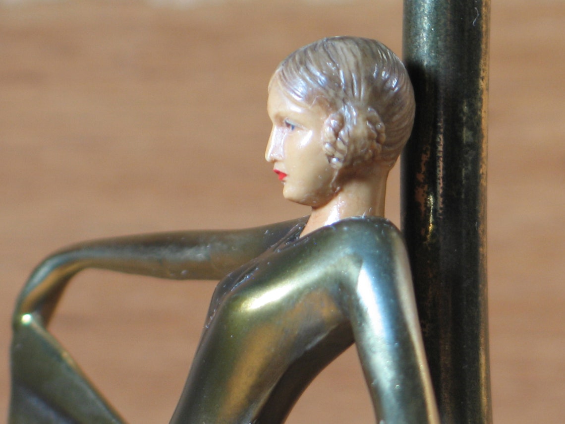 Art Deco Bronze Spelter Lamp Figural Dancer Fan Dress J.B. image 4