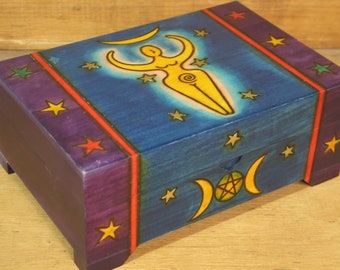 Vintage Wiccan Mother Goddess Polish Wood Jewelry Box, EWB