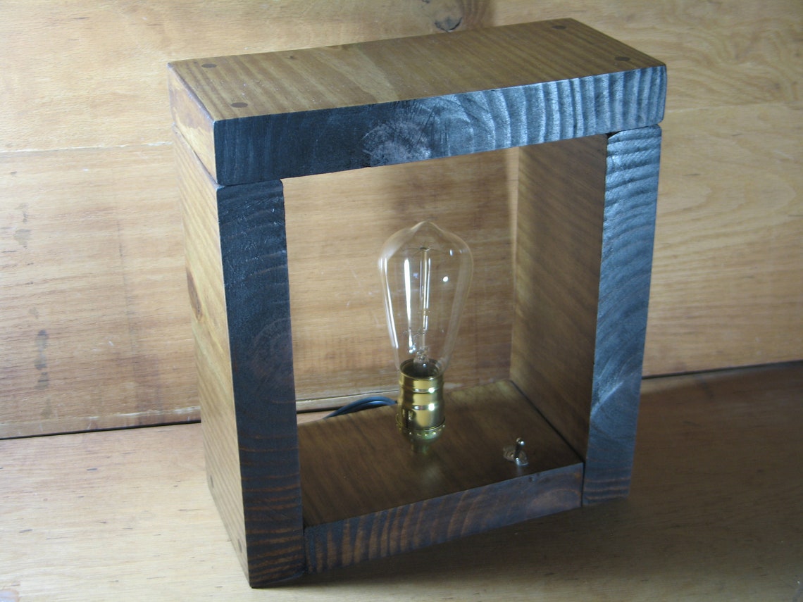 Rustic Shadow Box Edison Lamp Wood Square Frame Handmade Etsy