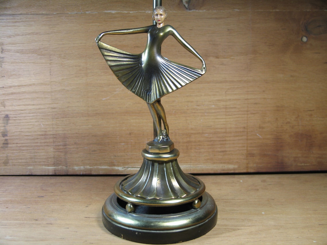 Art Deco Bronze Spelter Lamp Figural Dancer Fan Dress J.B. image 0
