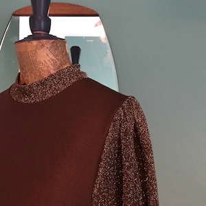 Vintage 1960s dress, 60s glitter dress, 1960s brown maxi dress, Brown and gold maxi dress, balloon sleeve maxi dress, vintage evening dress
