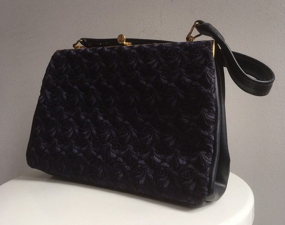 1960s handbag, embroidered handbag, navy handbag,… - image 1