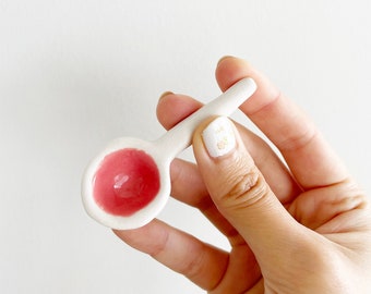 Little porcelain ceramic salt sugar spoon, white with pink glaze