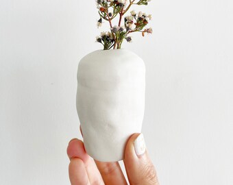 Small white porcelain ceramic bud vase, matte finish, perfect for small flowers from your garden