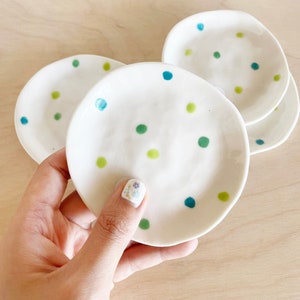 Ceramic porcelain white trinket dish (ring holder, jewellery holder, ring dish) with blue, green and lime green dots