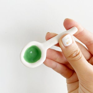 Little porcelain ceramic salt sugar spoon, white with green glaze