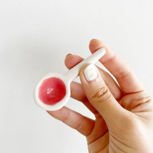 Little porcelain ceramic salt sugar spoon, white with pink glaze