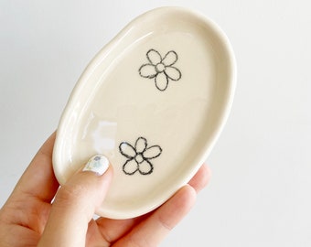 Little ceramic porcelain pastel peach trinket oval dish with black flowers pencil drawing