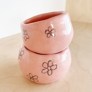 Small ceramic porcelain pink pinch pot with black flowers pencil drawing image 9