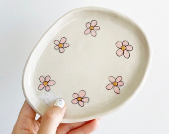 Stoneware ceramic cream dish with pink flowers