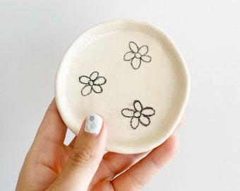 SECONDS / SALE: Little ceramic porcelain pastel peach trinket dish with black flowers pencil drawing