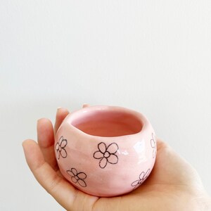 Small handmade porcelain ceramic pink bowl pinch pot with pencil line flower drawings