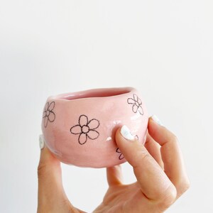 Small ceramic porcelain pink pinch pot with black flowers pencil drawing image 6