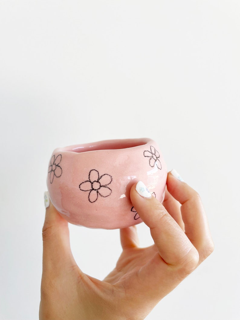 Small ceramic porcelain pink pinch pot with black flowers pencil drawing image 6