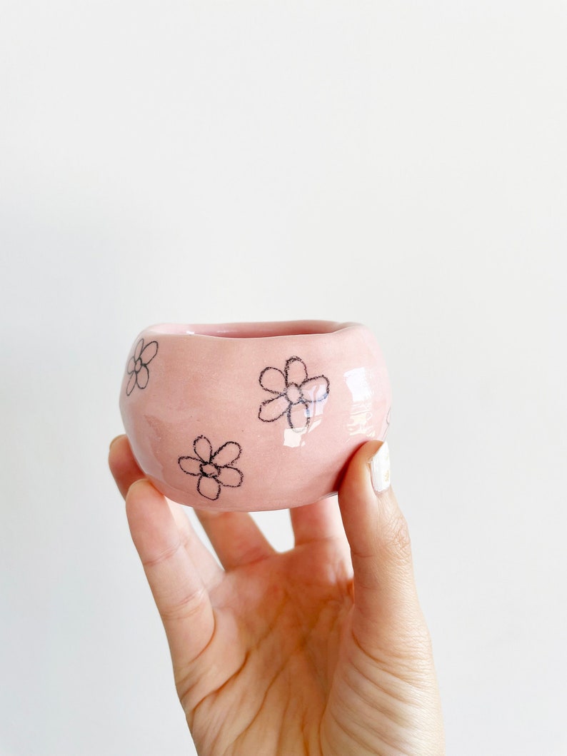 Small handmade porcelain ceramic pink bowl pinch pot with pencil line flower drawings