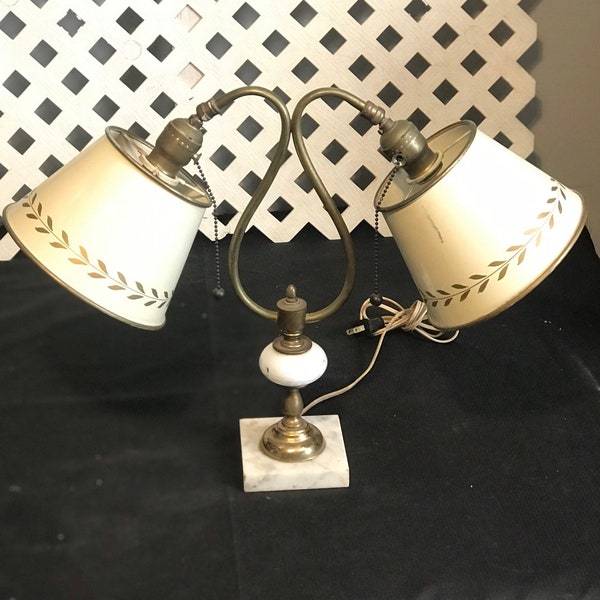 Vintage Desk Lamp Two Arms With Socket, Chain Pull, and Metal Shades