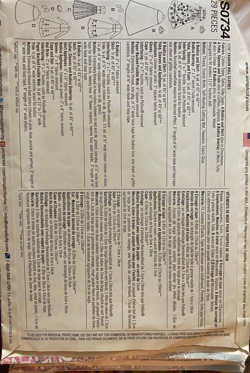 May include: A sewing pattern for a doll dress with a bodice and skirt. The pattern includes instructions for making a yoke, sleeves, train, and appliques. The pattern is designed for a 11 1/2 inch fashion doll. The pattern is printed on a white background with black text and illustrations.