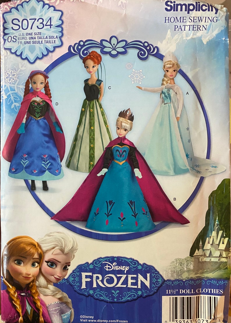May include: Simplicity sewing pattern S0734 for 11 1/2 inch dolls. The pattern includes four different outfits inspired by the Disney movie Frozen. The outfits include a blue dress with a pink cape, a green dress with a black bodice, a blue dress with a white cape, and a blue dress with a red cape. The pattern also includes a picture of the characters Anna and Elsa from the movie Frozen.