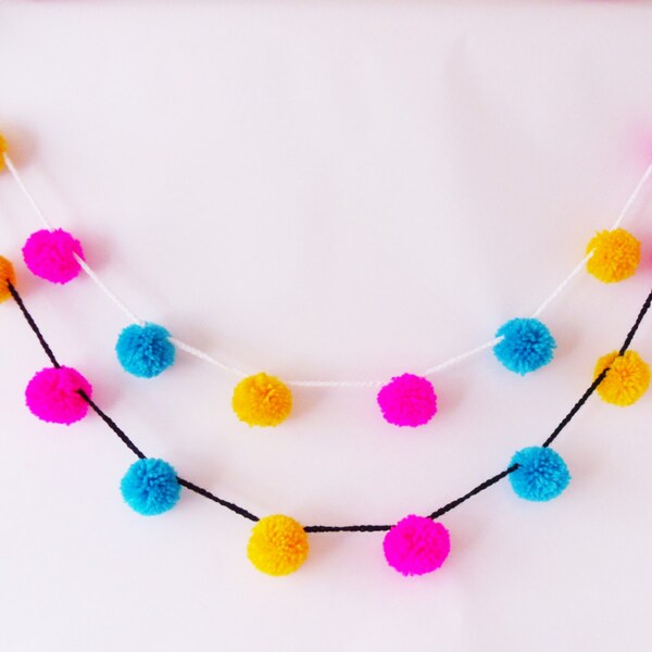 CMYK Mini Pompom Garland / Mini Pompom Bunting / Cyan, Magenta and Yellow on White or Black Yarn / Matching Items Available / Ready To ship
