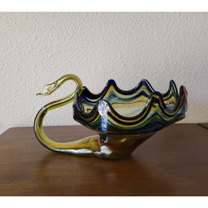Vintage Swan, Blown Glass Swan, Swirl Glass Swan, Swan Dish, Vintage Candy Dish, Glass Swan Dish, Green and Blue Swan Dish
