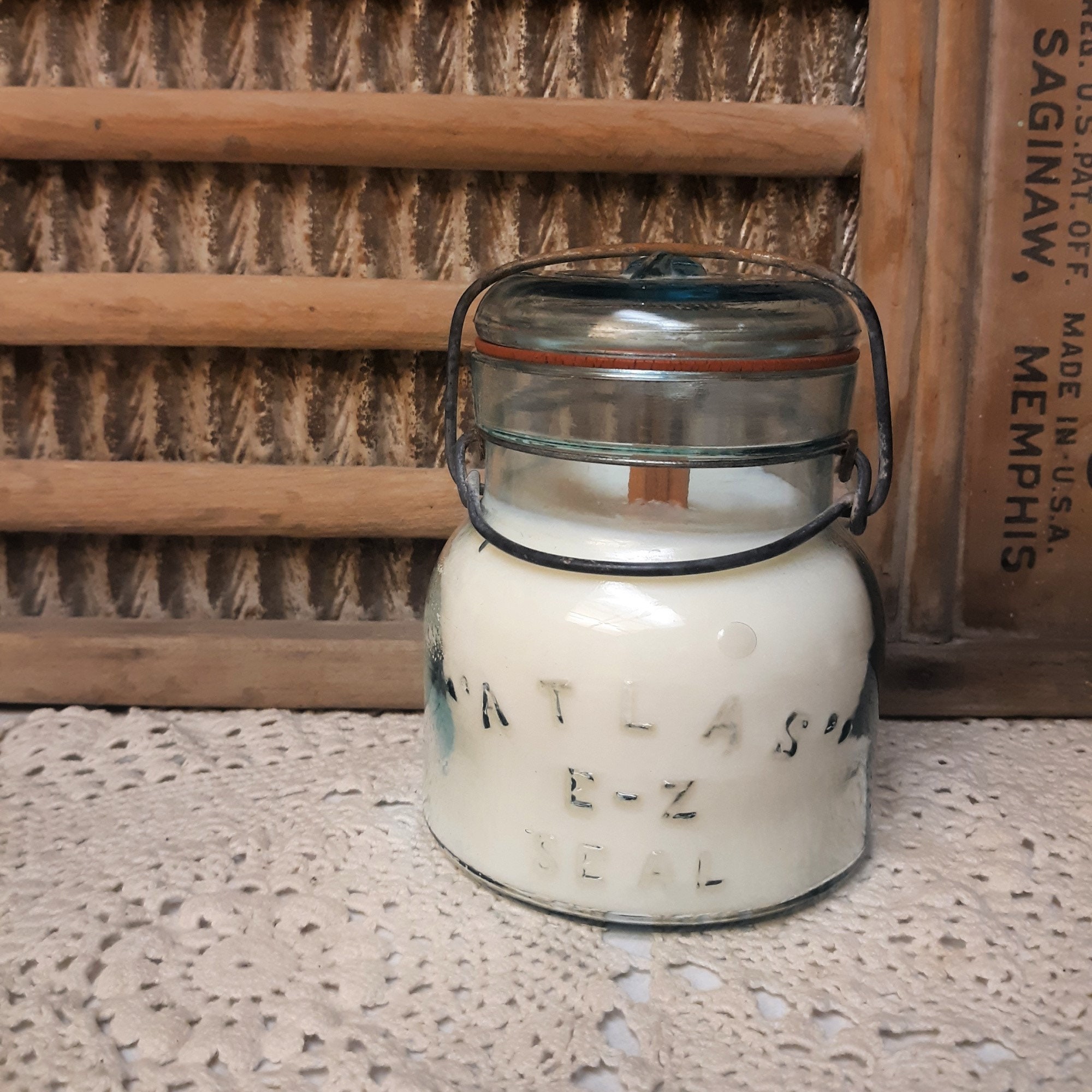 Mason Jar Candle, Scented Candle, Wire Bail Jar Candle, Vintage Jar with Lid