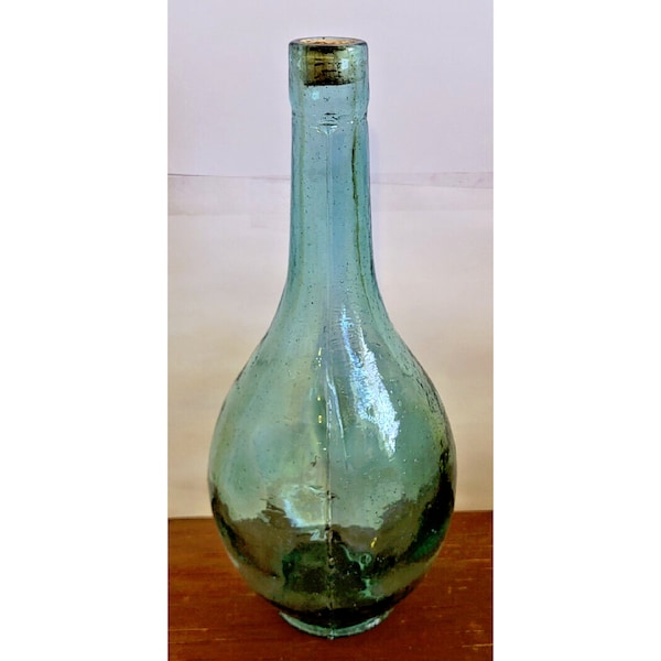 Vintage 10 3/4" tall green aqua glass hand blown wine bottle made in Mexico, Vintage wine bottle hand blown