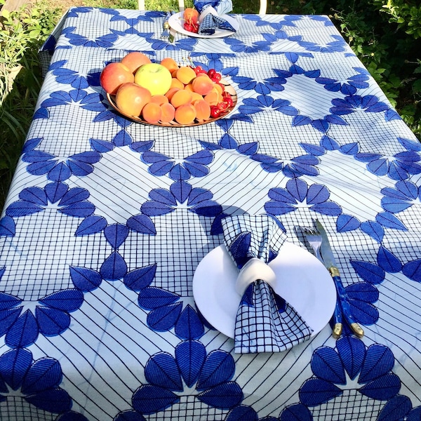 Nappe Africaine en wax - Ensemble nappe et serviettes en wax - Nappe bleue ronds de serviette en wax, Déco de table coton fait main- NATIDA