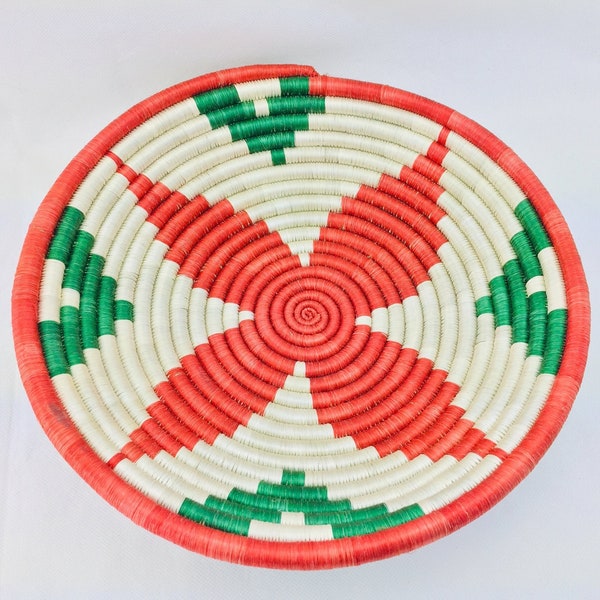 Panier africain en sisal tissé à la main, Décoration murale bohème rouge et verte suspendue, bol rond en osier, Taille M