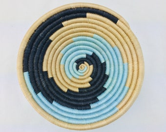 Authentic African basket in sisal, blue and black, hand woven, decorative baskets, boho style wall decoration, gift for her