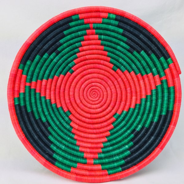 Panier africain authentique en sisal fait main, rouge et noir, décoration murale suspendue, décoration murale bohémienne, taille M