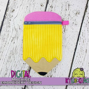 May include: A pencil-shaped pouch with a yellow body featuring vertical lines, a tan tip, and a pink polka-dot top. The pouch has a blue zipper and a pink fabric loop. Text on the image reads "DIGITAL MACHINE EMBROIDERY DESIGN".