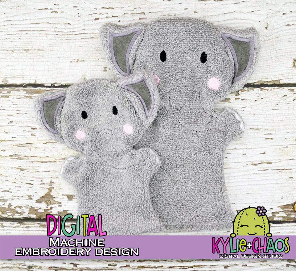 Elephant Hand Puppet Bath Mit Wash Cloth Machine Embroidery Etsy