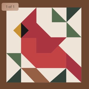 May include: Geometric quilt block featuring a stylized red cardinal bird. The bird is composed of red, black, and yellow shapes against a cream background. Green and brown triangles are in the corners, with a brown border. The text "1 of 1" is in the upper left corner.