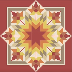 May include: Geometric quilt design featuring a central eight-pointed star in shades of red, yellow, and orange. The design includes stylized leaf motifs in the corners, set against a cream and tan background, all framed by a red border.