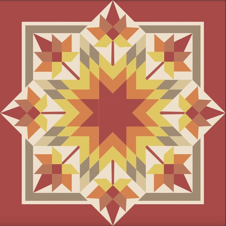 May include: Geometric quilt design featuring a central eight-pointed star in shades of red, yellow, and orange. The design includes stylized leaf motifs in the corners, set against a cream and tan background, all framed by a red border.