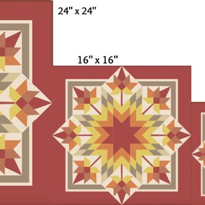 May include: A set of four square decorative pieces with a starburst design. The sizes are 24" x 24", 16" x 16", 12" x 12", and 8" x 8". The design features a central star in shades of red, orange, and yellow, surrounded by geometric shapes and a red border.
