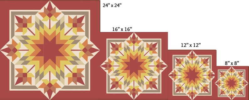 May include: A set of four square decorative pieces with a starburst design. The sizes are 24" x 24", 16" x 16", 12" x 12", and 8" x 8". The design features a central star in shades of red, orange, and yellow, surrounded by geometric shapes and a red border.