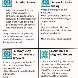 May include: A guide titled "How to Hang a Metal Barn Quilt" with four illustrated methods: direct mount with screws, self-tapping screws for metal siding, outdoor hooks or brackets, and adhesive or magnetic mounts.