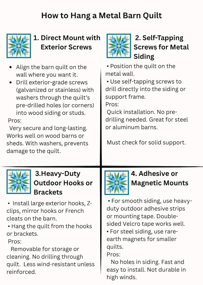 May include: A guide titled "How to Hang a Metal Barn Quilt" with four illustrated methods: direct mount with screws, self-tapping screws for metal siding, outdoor hooks or brackets, and adhesive or magnetic mounts.