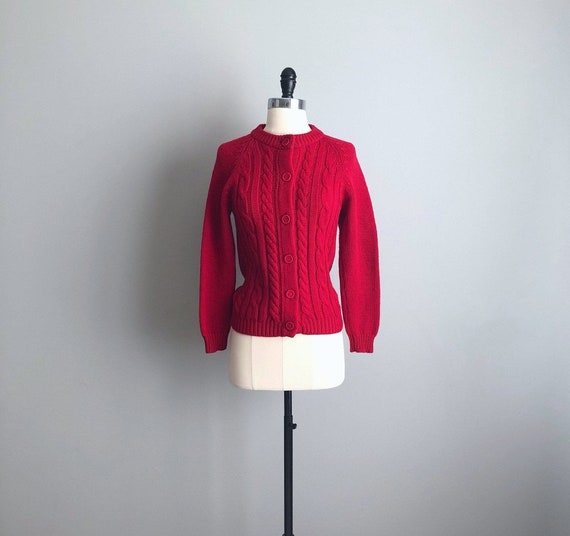 Vintage 60s Red Wool Cable Knit Cardigan