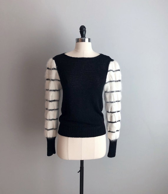 Vintage 80s Black & White Angora Puff Sleeve Sweat