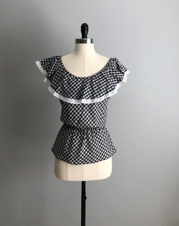 Vintage 70s Black & White Gingham Ruffle Blouse