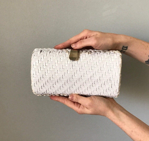 Vintage 60s White Patent Wicker Barrel Clutch