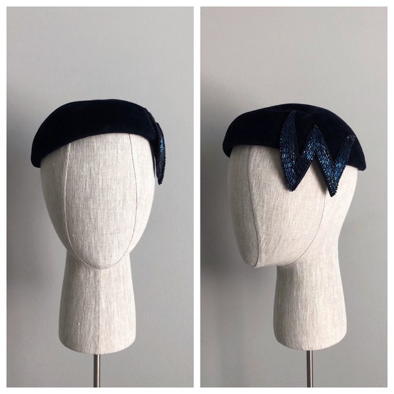 Vintage 50s Navy Blue Beaded Velour Hat
