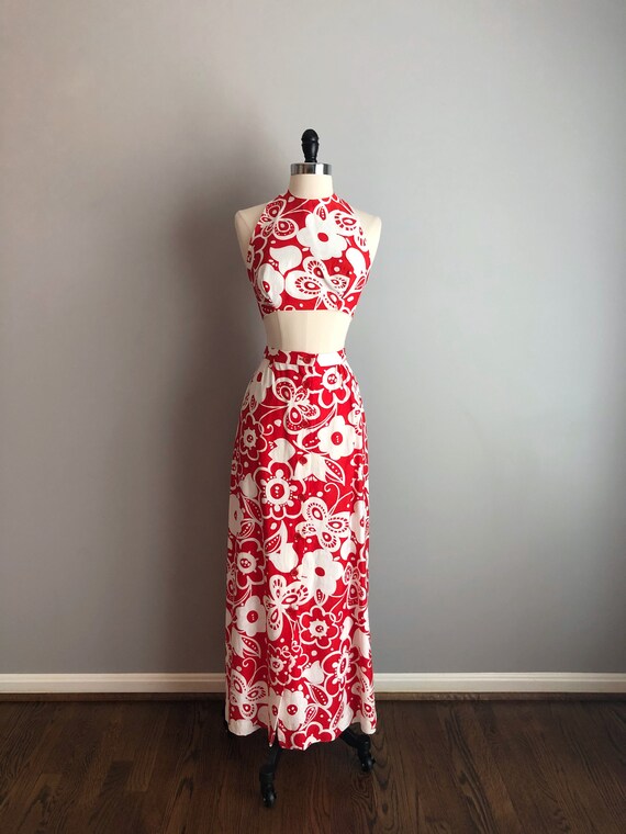 Vintage 60s Red Floral Crop Top Maxi Skirt Set