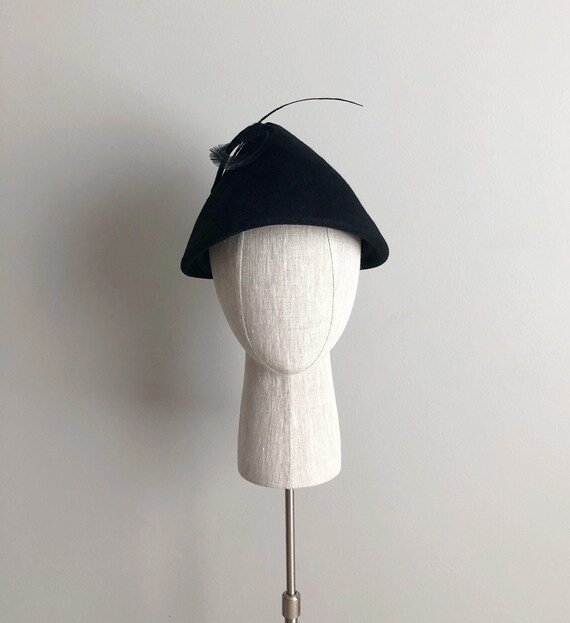 Vintage 50s Black Feather Rhinestone Cone Hat