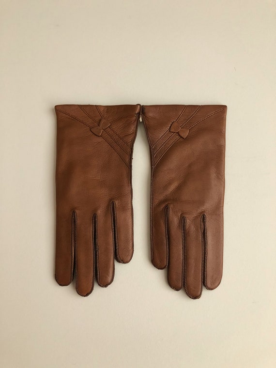 Vintage 70s Brown Leather Winter Gloves