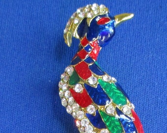 Exquisite Enamel & rhinestone Bird Brooch, large tropical bird, red-blue-green enamel, 3 1/2" tall, Elegant Vintage Accent Pin, PNov116