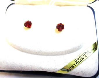 Jojak Vintage Genuine Austrian Crystal Pierced Earrings in box, ruby red stones. 1980-90's.  #2641
