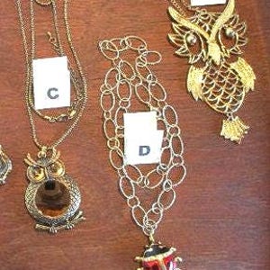Critter Friends pendants -2 Top Choices: 2 Owls. Vintage critters on vintage necklaces, Estate jewelry Sudy Set G115